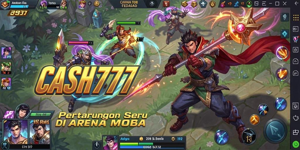 Tangkapan layar dari CASH777 menampilkan aksi seru dalam pertarungan epik MOBA.