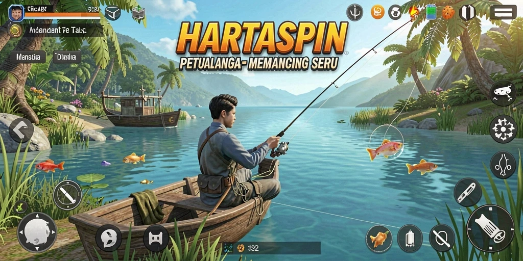 Screenshot HARTASPIN menampilkan pemain sedang memancing di danau yang indah.