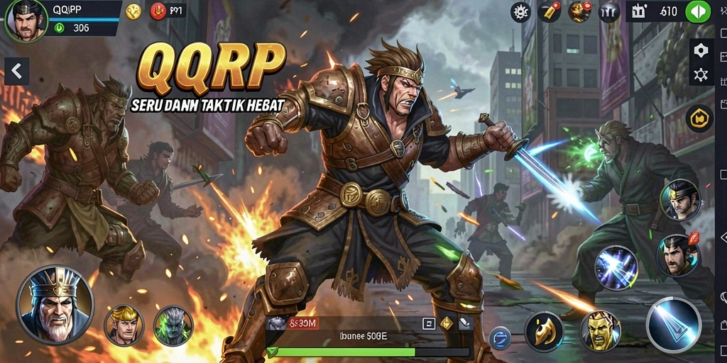 Screenshot gameplay QQRP menampilkan pertarungan dinamis dengan karakter unik.