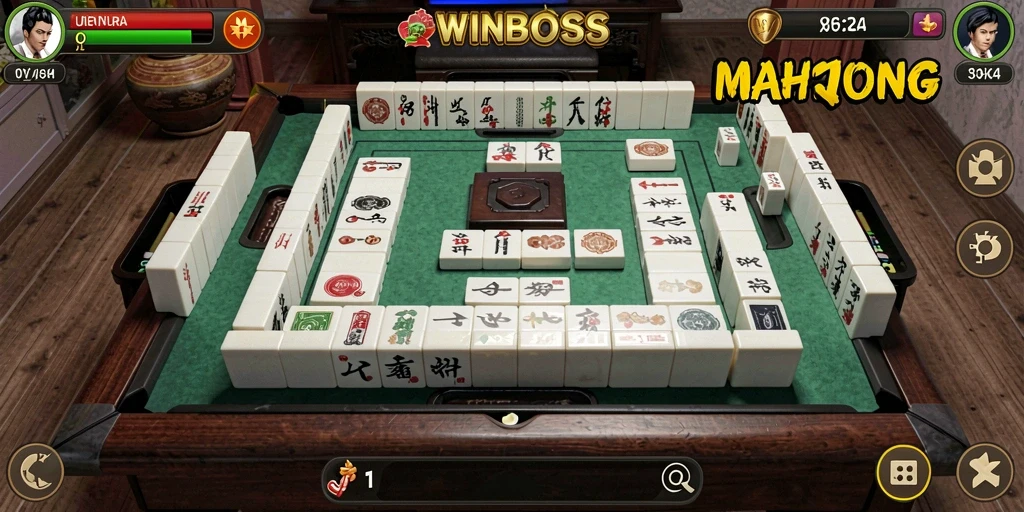 Screenshot gameplay WINBOSS menampilkan ubin Mahjong yang berwarna-warni.